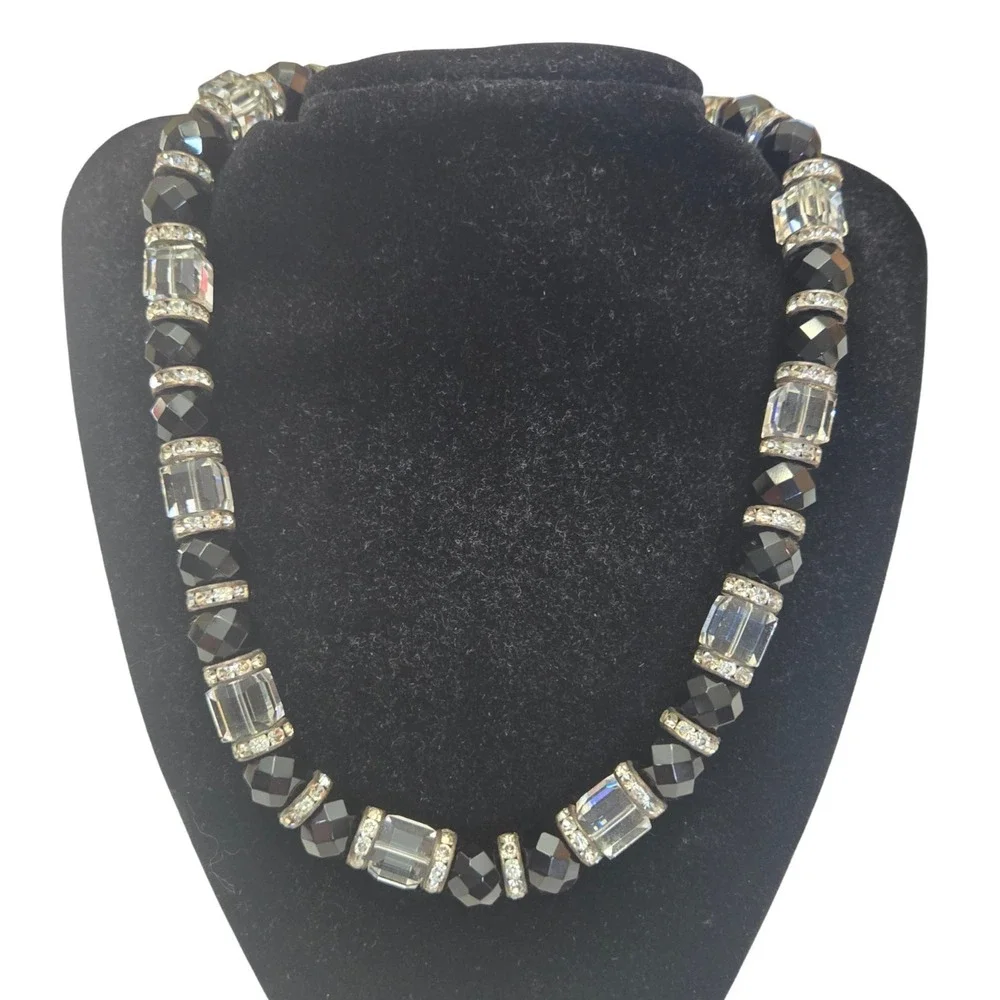 Black Clear Faceted Glass Beaded‎ Necklace Rhinestone Spacers 18